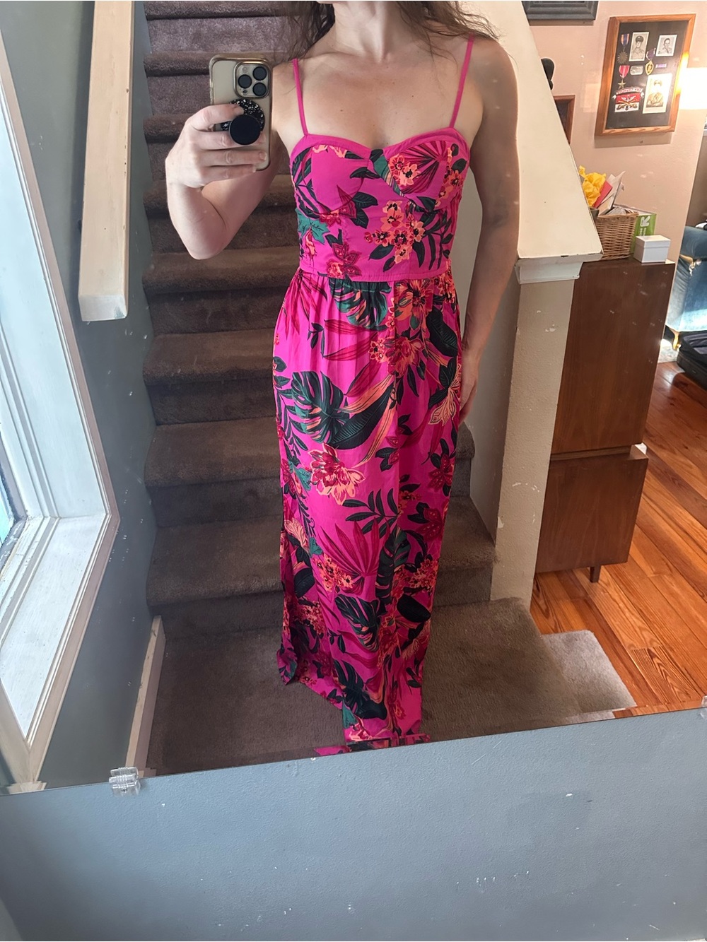 Pink Tropical Print Spaghetti-Strap Maxi Dress